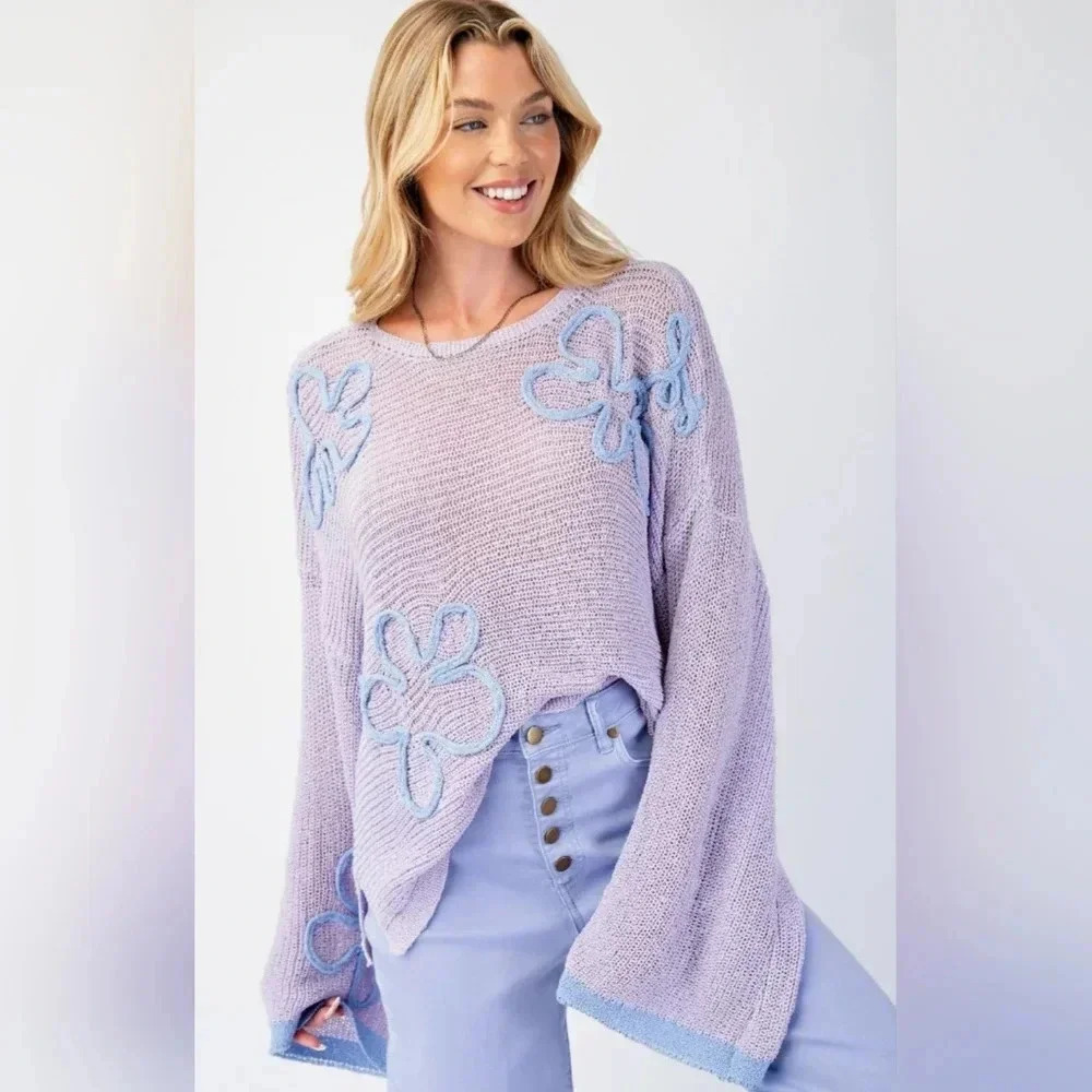 EASEL Flower Patterned Knit Sweater Tunic #337 - Picture 2 of 10
